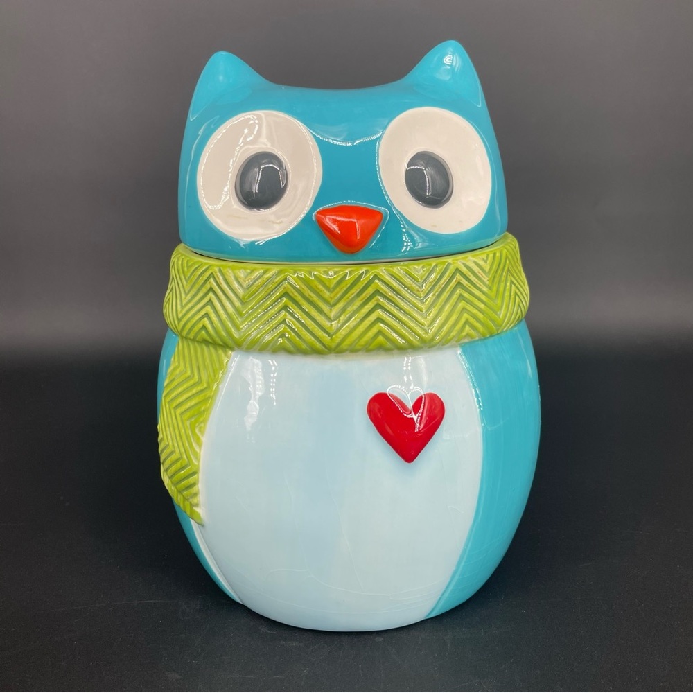 St Nicholas Square Blue Owl Cookie Jar Canister Hand Paint Size 10"